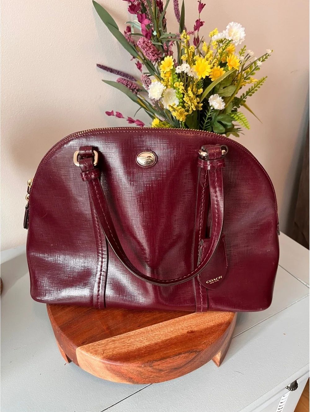 COACH Burgundy Saffiano Leather Peyton Cora Domed Satchel & Crossbody Bag F25671